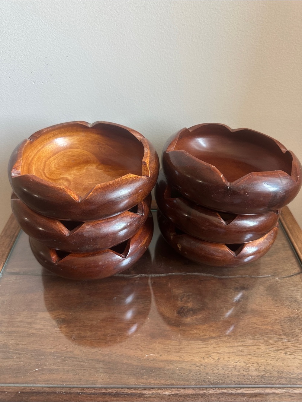 Vintage MCM Hand-Carved Wooden Lotus Bowl Set of 6